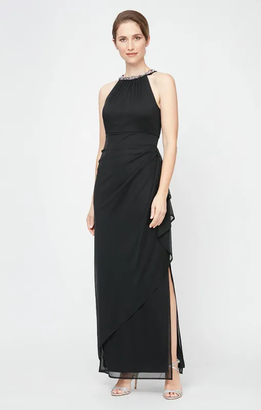 Mesh Dress with Beaded Halter Style Neckline and Cascade Ruffle Detail Skirt sold by Alex Evenings
