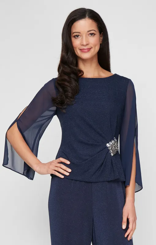 3/4 Sleeve Blouse with Beaded Detail at Hip and Illusion Sleeves sold by Alex Evenings