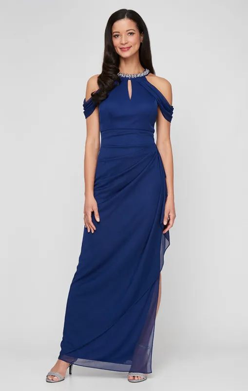 Regular - Mesh Beaded Halter Neck Dress with Cold Shoulder Sleeve and Cascade Ruffle Skirt sold by Alex Evenings