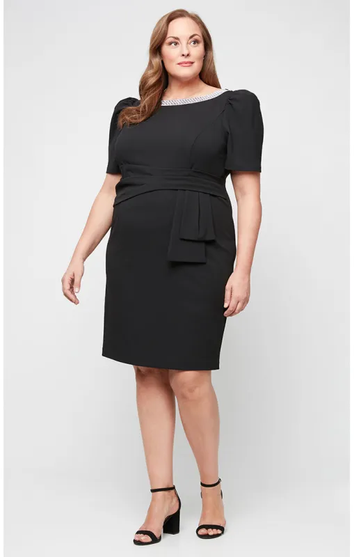 Plus - Stretch Crepe Sheath Dress with Embellished Neckline with Gather Waist and Puff Shoulder Elbow Sleeves sold by Alex Evenings