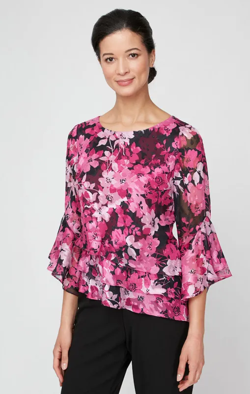 Floral Chiffon Blouse with Asymmetric Triple Tier Hem & Bell Sleeves sold by Alex Evenings