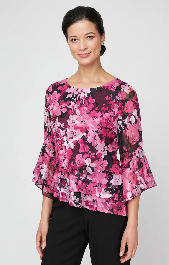 Regular - Floral Chiffon Blouse with Asymmetric Triple Tier Hem & Bell Sleeves sold by Alex Evenings