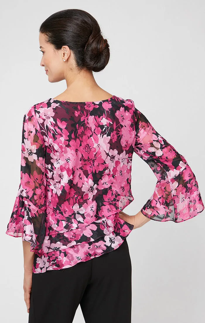 Regular - Floral Chiffon Blouse with Asymmetric Triple Tier Hem & Bell Sleeves sold by Alex Evenings product image thumbnail 2