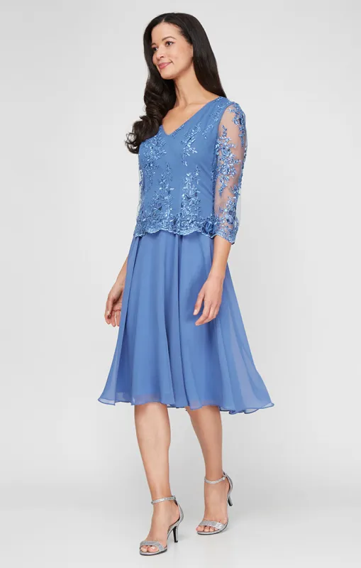 Midi Embroidered Mock Dress with V-Neckline, Illusion Sleeves and Full Chiffon Skirt sold by Alex Evenings
