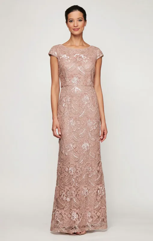 Long Embroidered Gown with Cap Sleeves & Sequin Detail sold by Alex Evenings