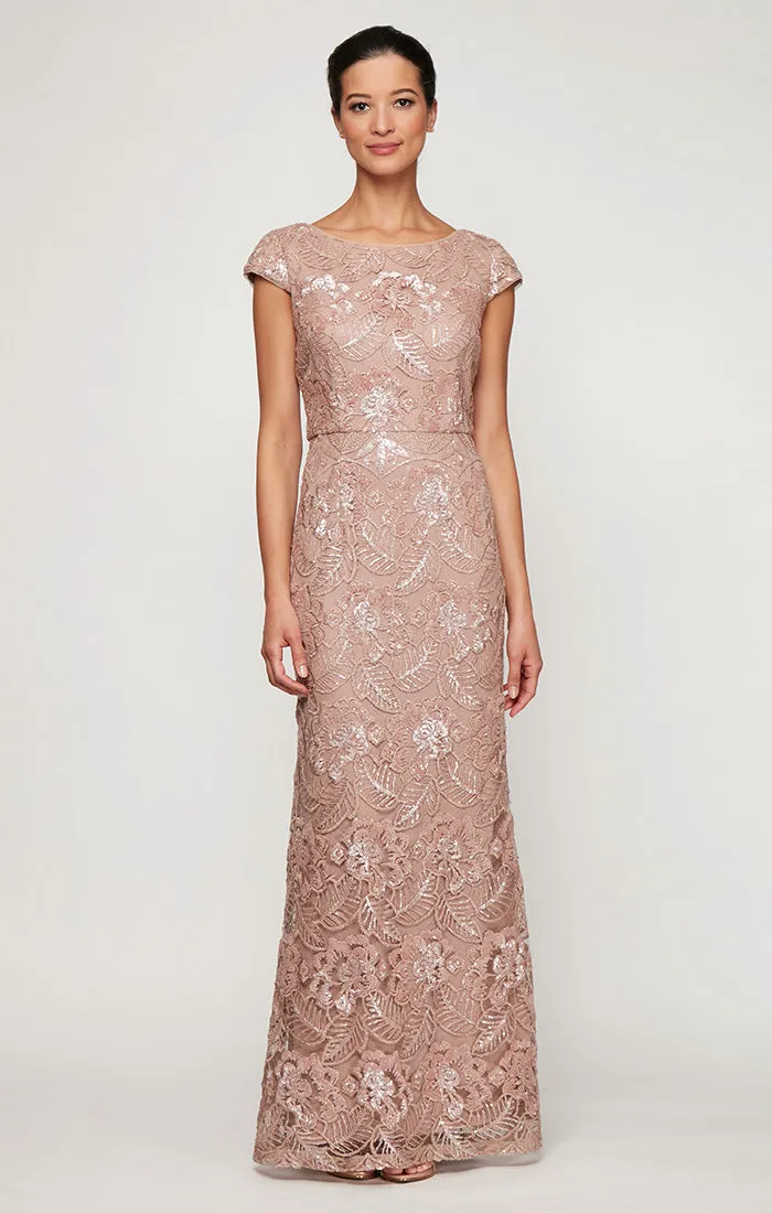 Long Embroidered Gown with Cap Sleeves & Sequin Detail sold by Alex Evenings