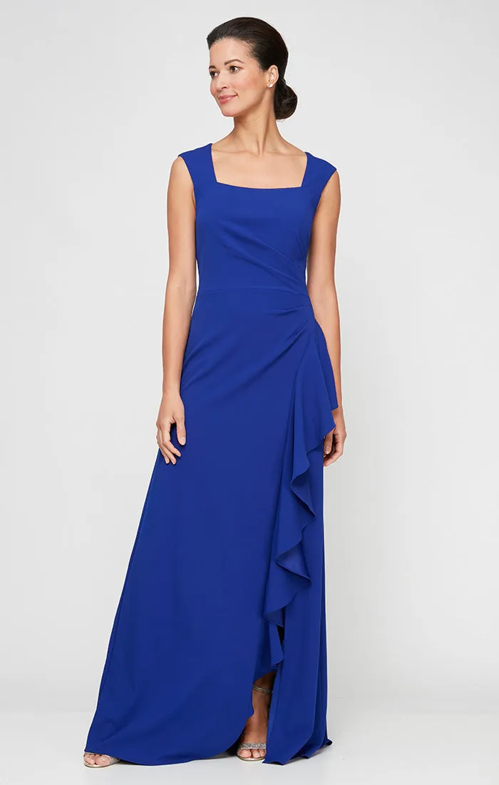 Regular - Square Neck Crepe Dress with Cascade Ruffle Skirt sold by Alex Evenings
