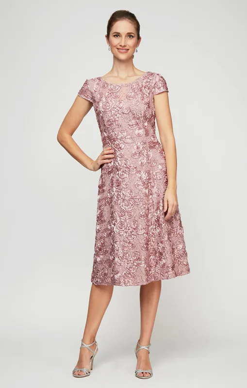 Rosette Sequin Lace Tea-Length Cocktail Dress with Cap Sleeves sold by Alex Evenings