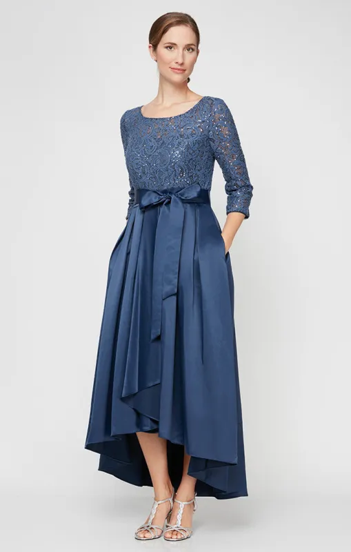 Regular - Sequin Lace Party Dress with Satin Skirt & Ribbon Belt sold by Alex Evenings