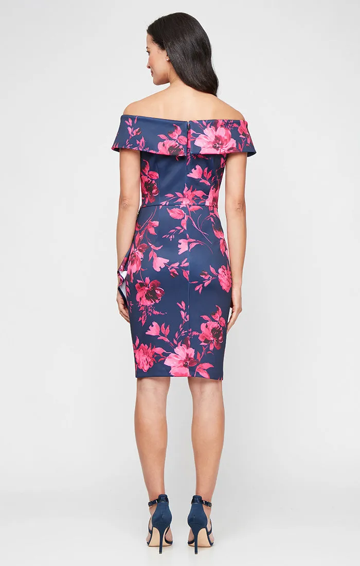 Regular - Short Printed Stretch Scuba Crepe Sheath Dress with Embellished Detail at Hip and Cascade Detail Skirt sold by Alex Evenings product image thumbnail 2