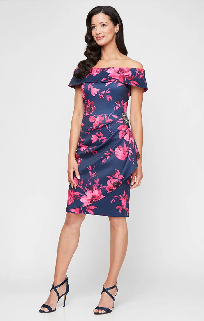 Regular - Short Printed Stretch Scuba Crepe Sheath Dress with Embellished Detail at Hip and Cascade Detail Skirt sold by Alex Evenings