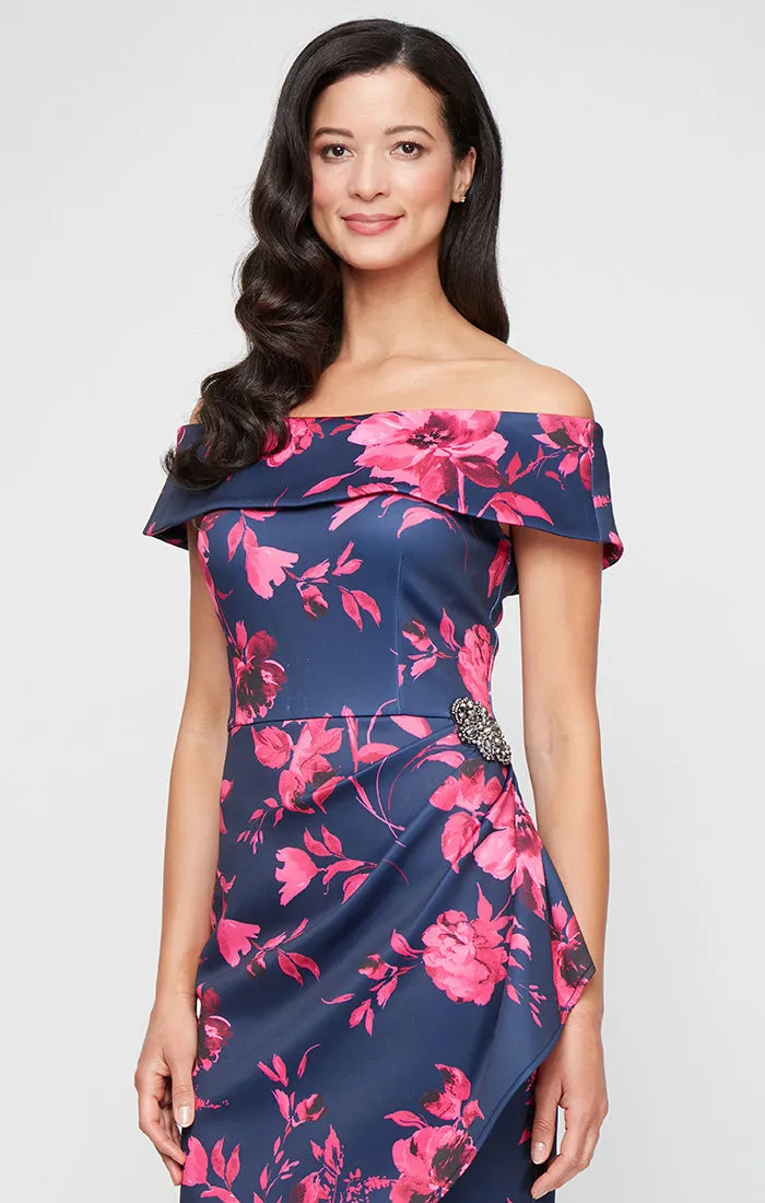 Regular - Short Printed Stretch Scuba Crepe Sheath Dress with Embellished Detail at Hip and Cascade Detail Skirt sold by Alex Evenings product image thumbnail 4