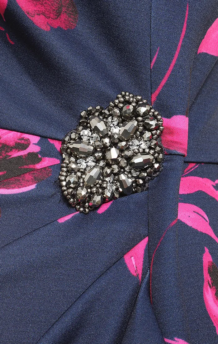 Regular - Short Printed Stretch Scuba Crepe Sheath Dress with Embellished Detail at Hip and Cascade Detail Skirt sold by Alex Evenings product image thumbnail 3