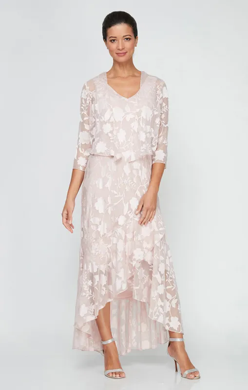 Chiffon Jacket Dress with High/Low Tulip Hem Skirt & Open Cascade Jacket sold by Alex Evenings