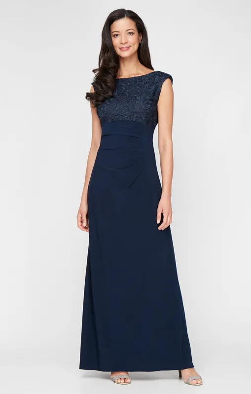 Long Empire Waist Lace and Jersey Gown with Side Ruched Skirt and Cowl Back Detail sold by Alex Evenings