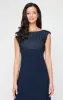 Long Empire Waist Lace and Jersey Gown with Side Ruched Skirt and Cowl Back Detail sold by Alex Evenings
