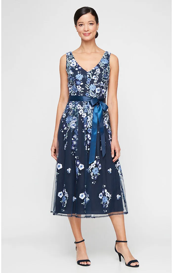 Regular - Midi V-Neck Embroidered Sleeveless Dress with Tie Belt sold by Alex Evenings