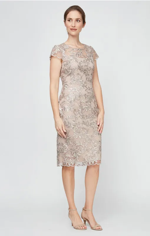 Petite - Embroidered Sheath Dress with Illusion Neckline and Cap Sleeves sold by Alex Evenings