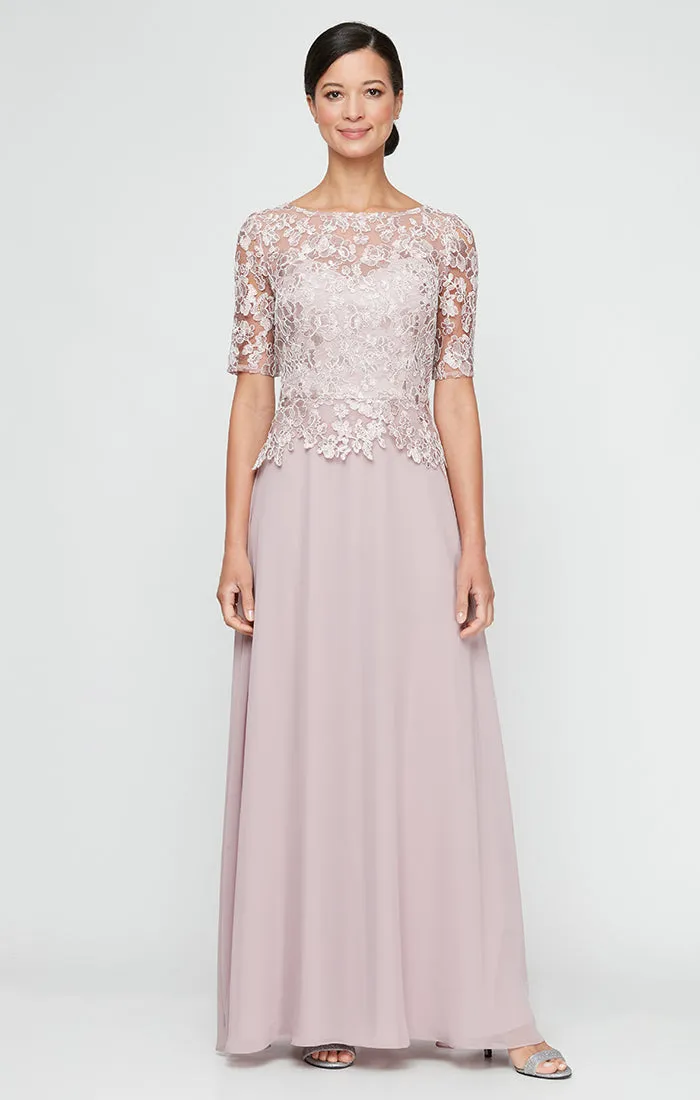 Regular - Embroidered A-Line Dress With Scallop Detail and Elbow Sleeves sold by Alex Evenings