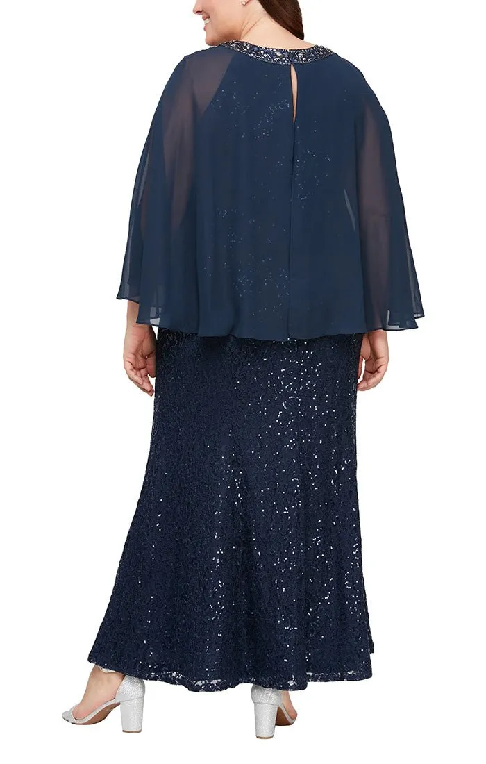 Plus - Fit & Flare Sequin Lace Gown with Embellished Keyhole Cutout Neckline & Chiffon Capelet Sleeves sold by Alex Evenings product image thumbnail 2