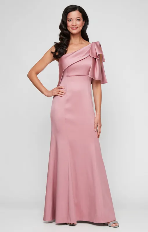 *Long One Shoulder Fit and Flare Dress with Embellished Bow Shoulder Detail sold by Alex Evenings