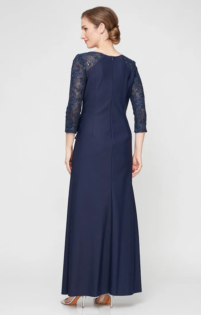 *Long V-Neck Compression Dress With Embroidered Illusion Sleeves and Front Cascade Detail sold by Alex Evenings product image thumbnail 2