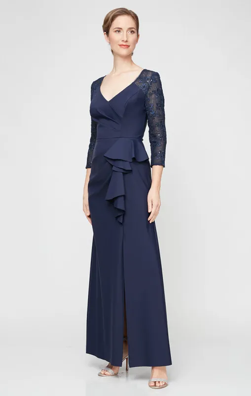 *Long V-Neck Compression Dress With Embroidered Illusion Sleeves and Front Cascade Detail sold by Alex Evenings