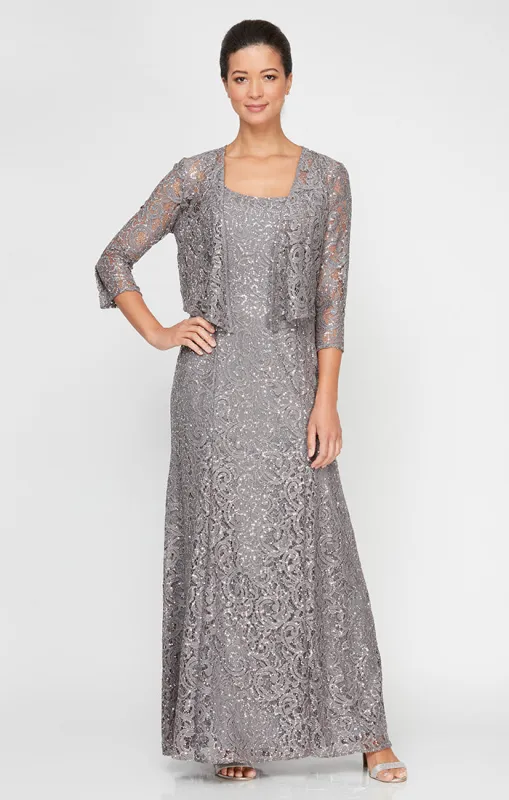 Regular - Sequin Lace Long A-Line Dress with 3/4 Sleeve Illusion Jacket sold by Alex Evenings