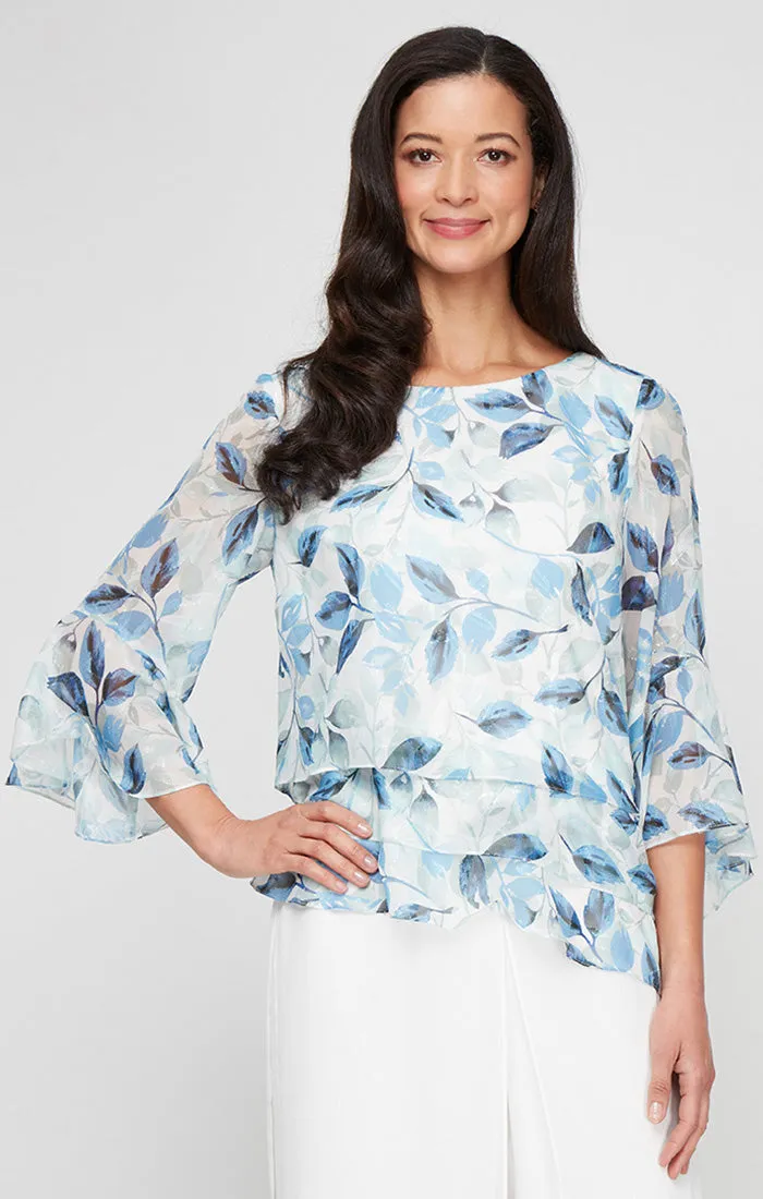 Plus - Printed Chiffon Burnout Blouse with Asymmetric Triple Tier Hem and Bell Sleeves sold by Alex Evenings