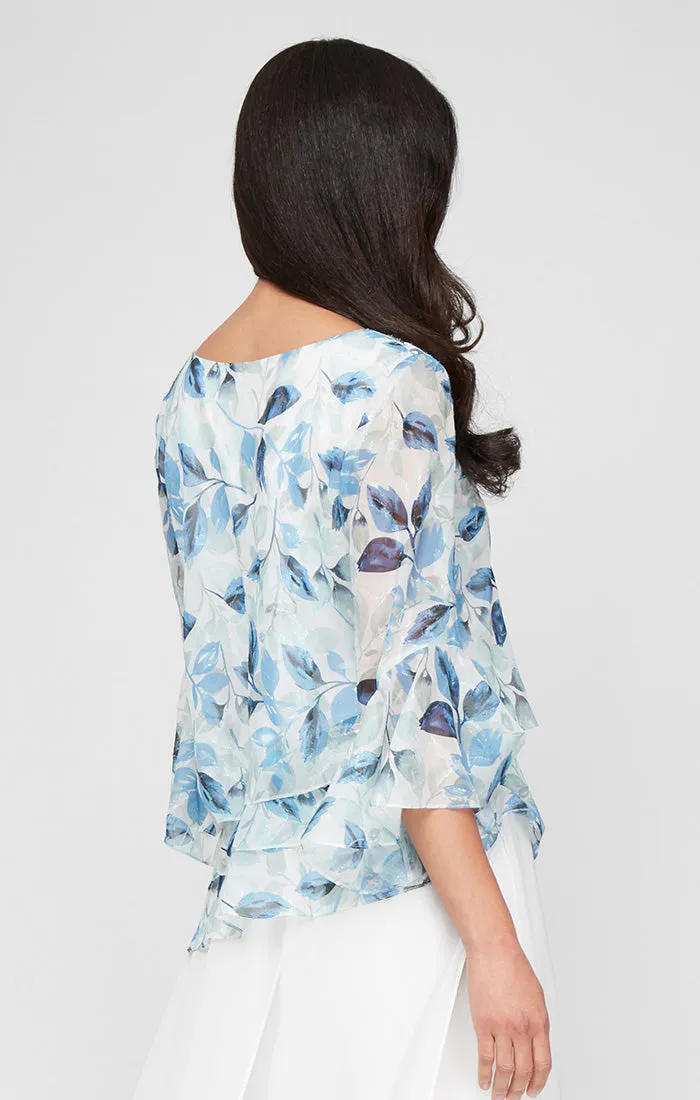 Plus - Printed Chiffon Burnout Blouse with Asymmetric Triple Tier Hem and Bell Sleeves sold by Alex Evenings product image thumbnail 3
