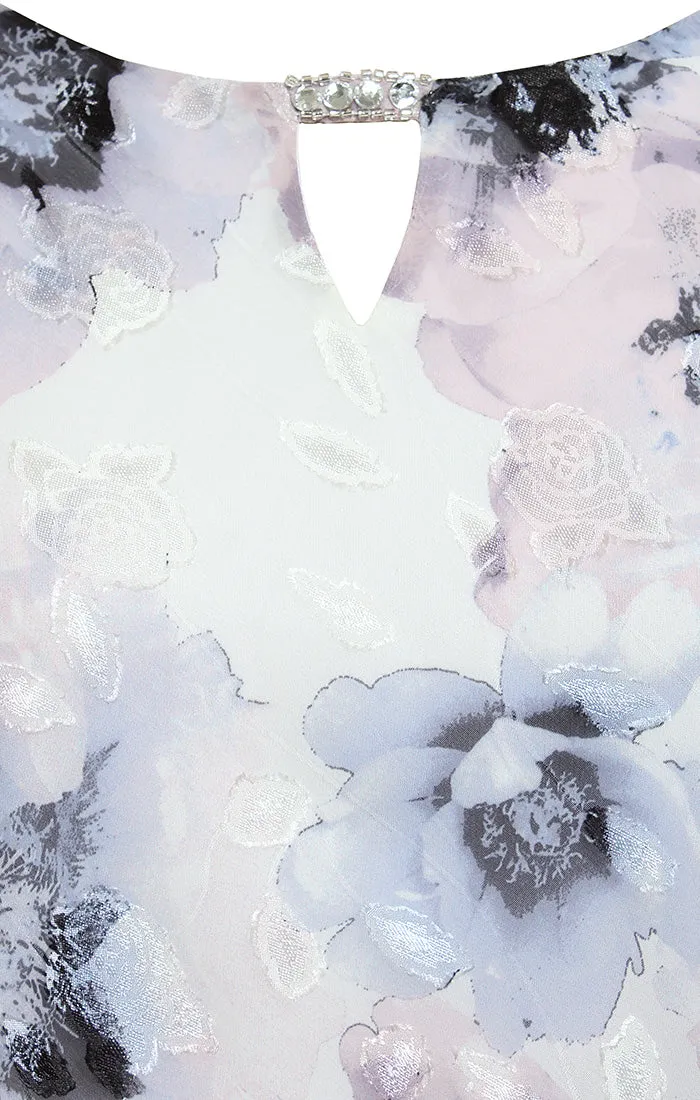 Printed Chiffon Burnout Blouse with Asymmetric Tier Hem Detail and Embellished Cutout Neckline sold by Alex Evenings product image thumbnail 3