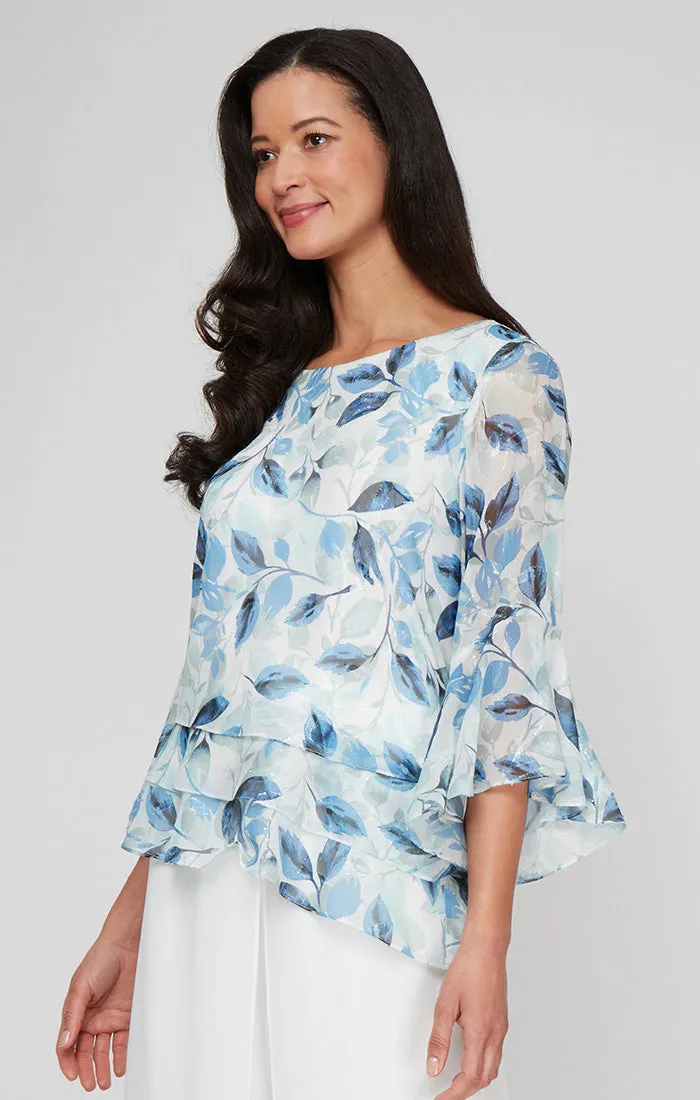 Regular - Printed Chiffon Burnout Blouse with Asymmetric Triple Tier Hem and Bell Sleeves sold by Alex Evenings