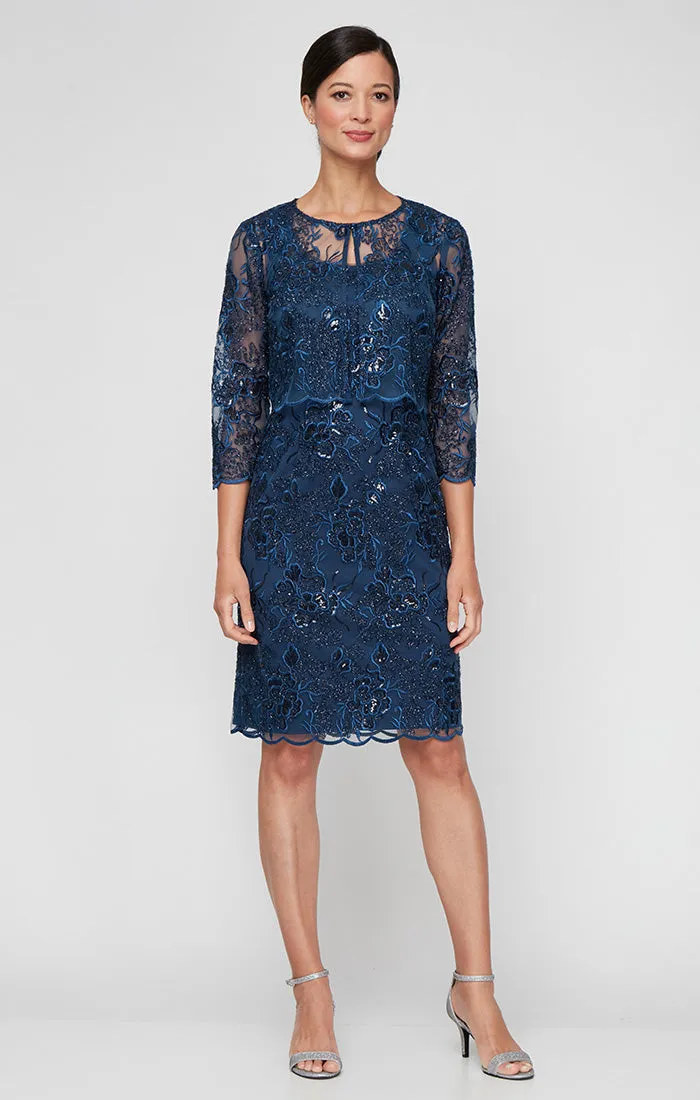 Regular - Short Embroidered Sheath Jacket Dress with Scoop Neckline and Hook Neck Closure Jacket sold by Alex Evenings