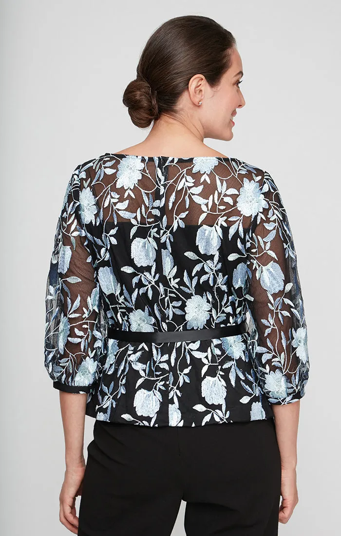 3/4 Sleeve Stretch Tulle Embroidered Blouse with Illusion Neckline, Illusion Sleeves and Tie Belt sold by Alex Evenings product image thumbnail 2