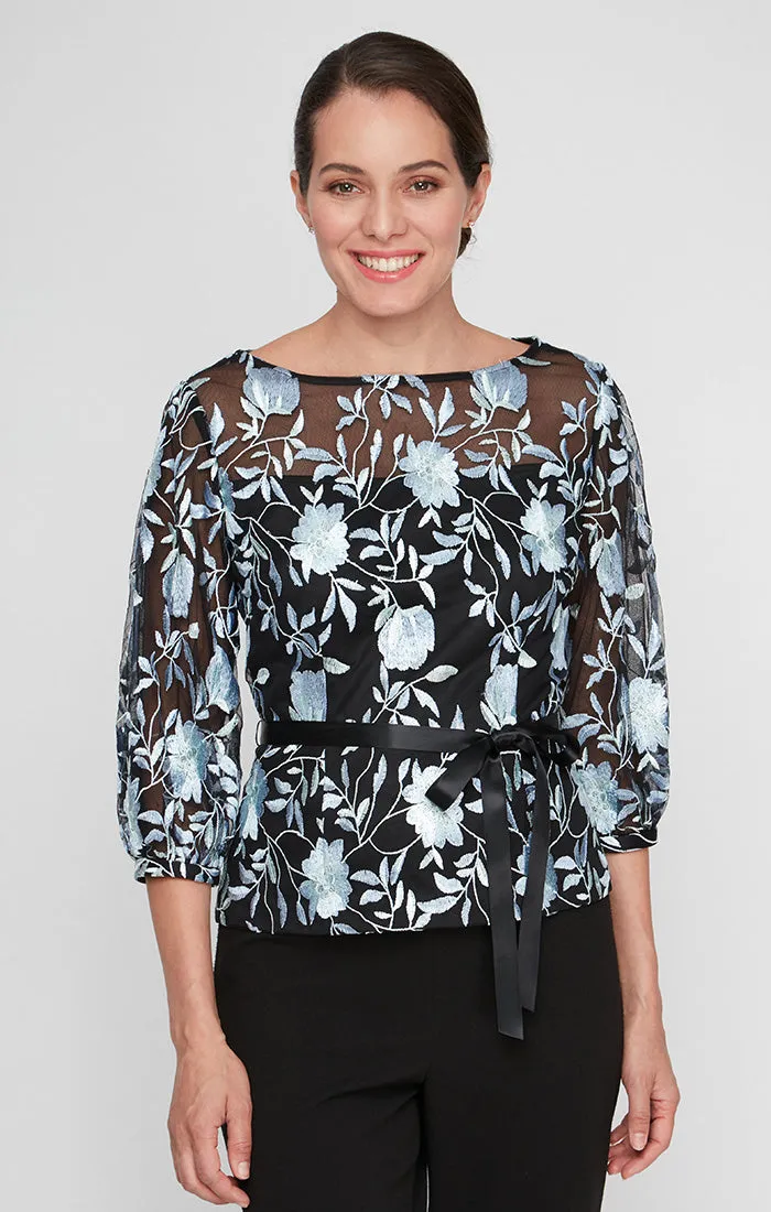 3/4 Sleeve Stretch Tulle Embroidered Blouse with Illusion Neckline, Illusion Sleeves and Tie Belt sold by Alex Evenings