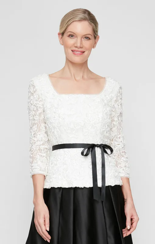 Petite - 3/4 Sleeve Square Neck Soutache Blouse with Tie Belt sold by Alex Evenings