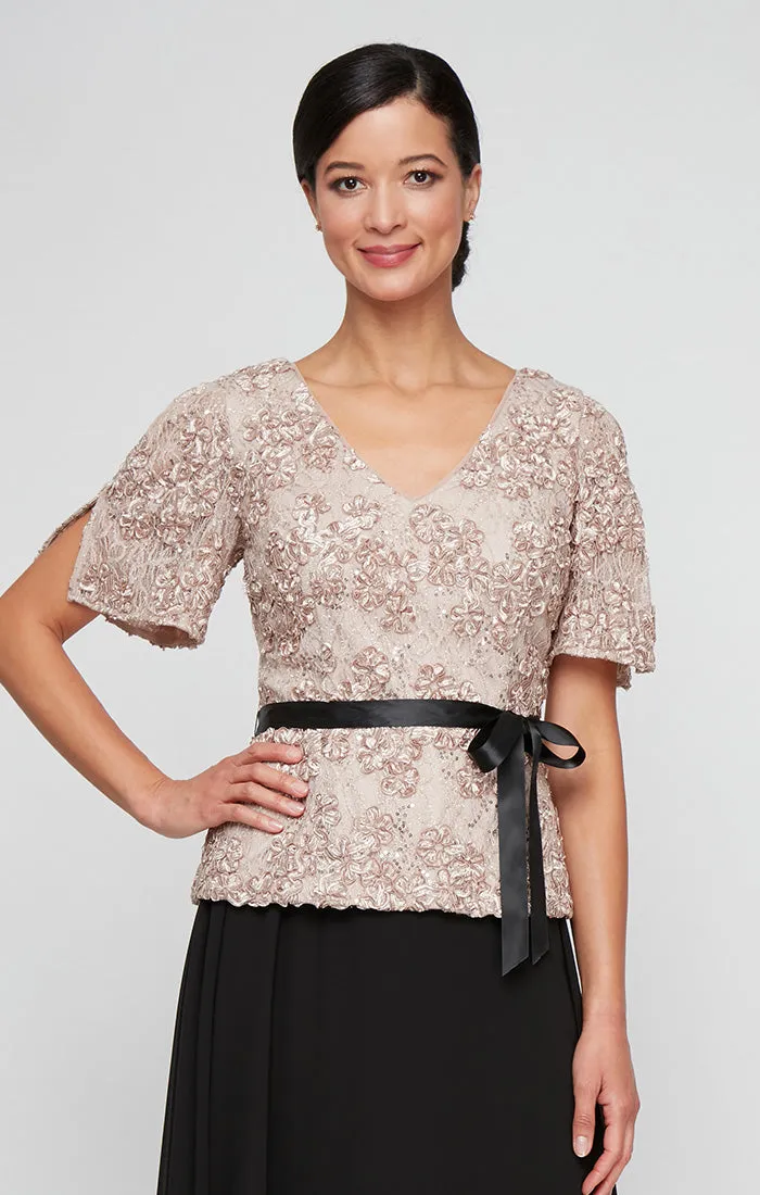 Regular - Short Sleeve Lace Soutache Blouse with V-Neckline, Cold Shoulder Sleeves and Tie Belt sold by Alex Evenings product image thumbnail 3