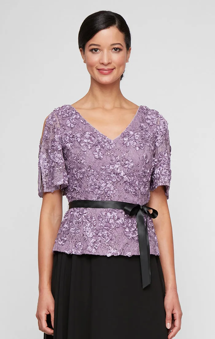 Regular - Short Sleeve Lace Soutache Blouse with V-Neckline, Cold Shoulder Sleeves and Tie Belt sold by Alex Evenings