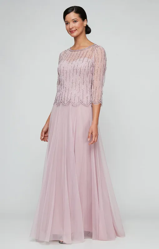 Regular - Long Hand Beaded Mock Dress with Illusion Neckline, 3/4 Sleeves and Tulle Full Skirt sold by Alex Evenings