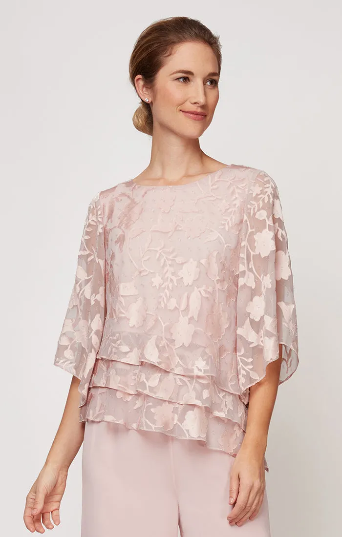 Burnout Chiffon Blouse with Asymmetrical Triple Tier Hem & Illusion Sleeves sold by Alex Evenings