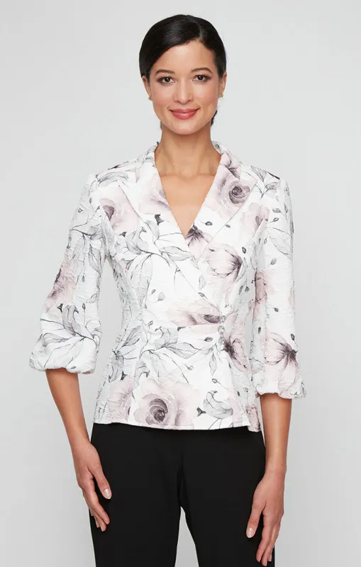 Petite Printed Jacquard Side Closure Blouse with Bubble Hem Sleeves made by Alex Evenings