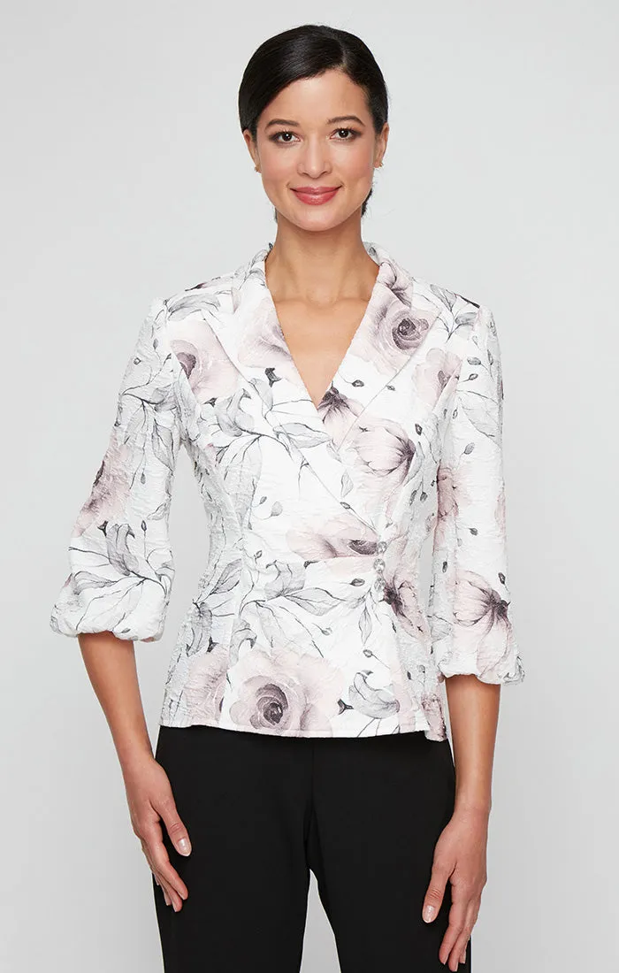 Petite Printed Jacquard Side Closure Blouse with Bubble Hem Sleeves sold by Alex Evenings