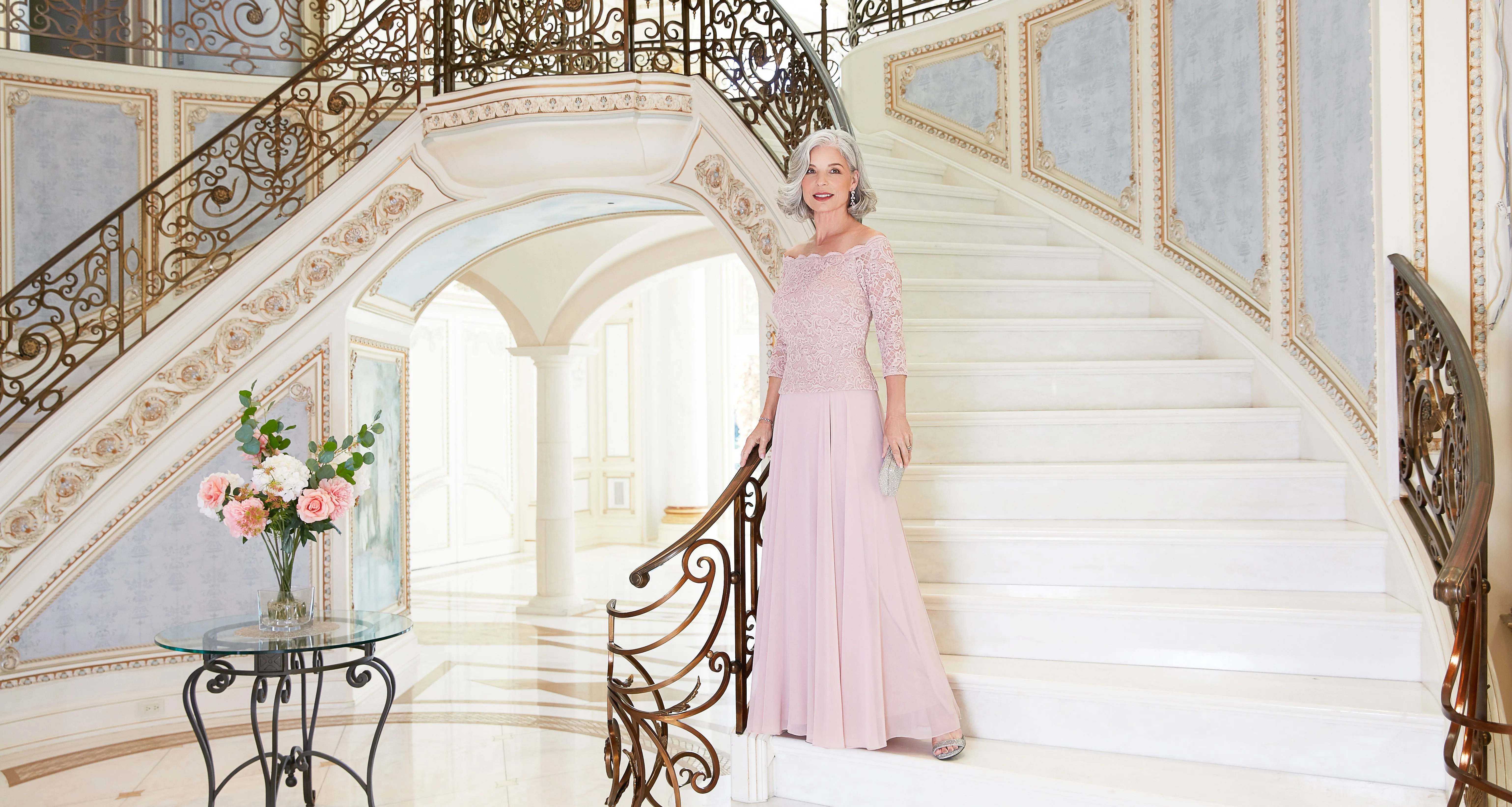 Petite - Stretch Lace Off the Shoulder Mock Dress with Scallop Neckline Detail & Chiffon Full Skirt sold by Alex Evenings product image thumbnail 3