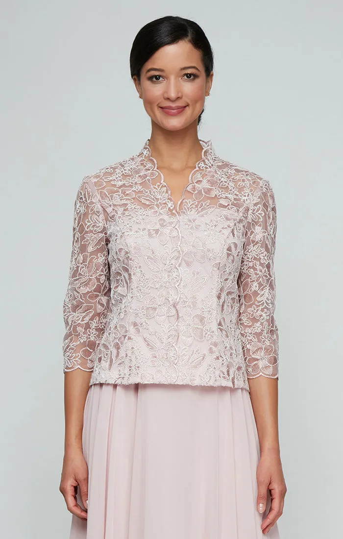 Regular - Corded Embroidered Blouse with Center Front Scallop Detail and Illusion Sleeves sold by Alex Evenings