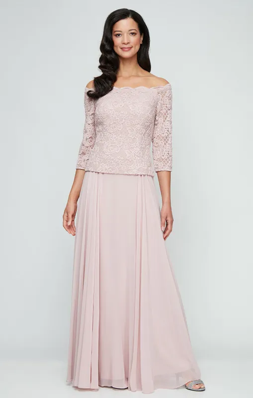 Stretch Lace Off the Shoulder Mock Dress with Scallop Neckline & Chiffon Full Skirt sold by Alex Evenings