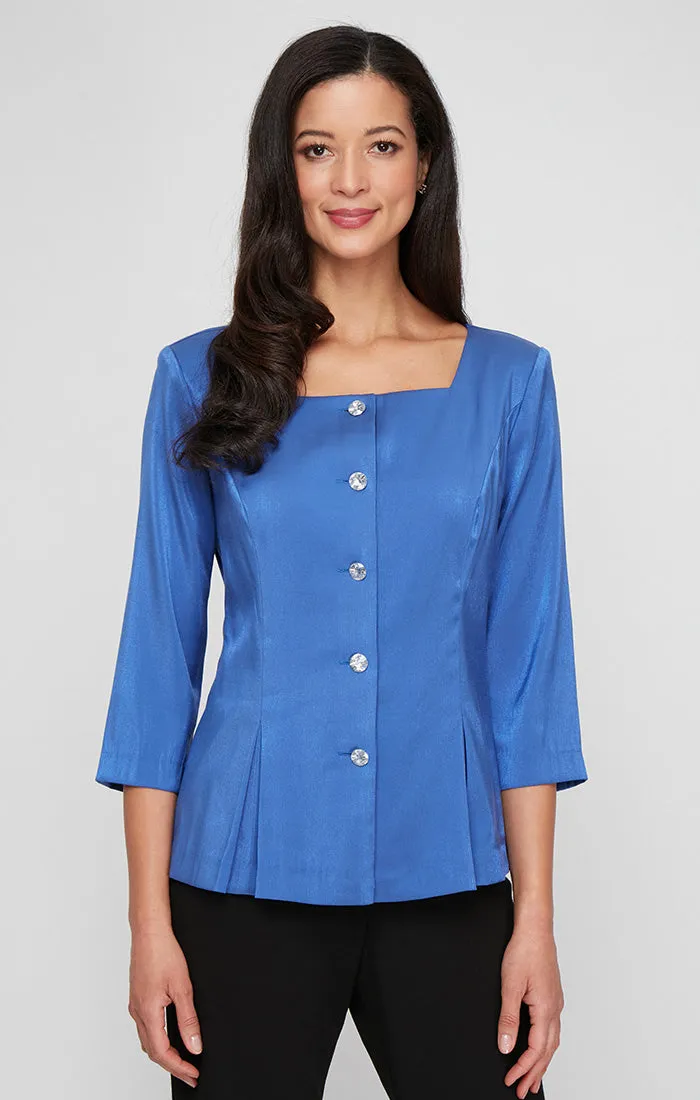 Regular - Stretch Shimmer Blouse with Square Neckline and Center Front Button Closure sold by Alex Evenings