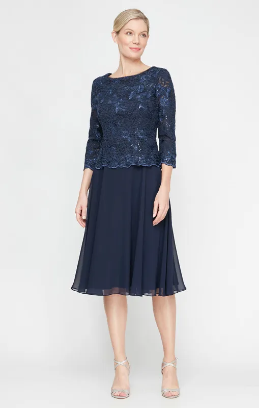 Plus - Tea Length Mock Dress with Embroidered Bodice and Full Skirt sold by Alex Evenings