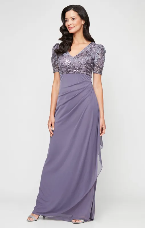 Petite - Embroidered V-Neck Dress with Ruff Shoulder Elbow Sleeves and Cascade Detail Skirt sold by Alex Evenings