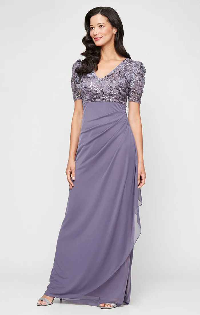 Petite - Embroidered V-Neck Dress with Ruff Shoulder Elbow Sleeves and Cascade Detail Skirt sold by Alex Evenings