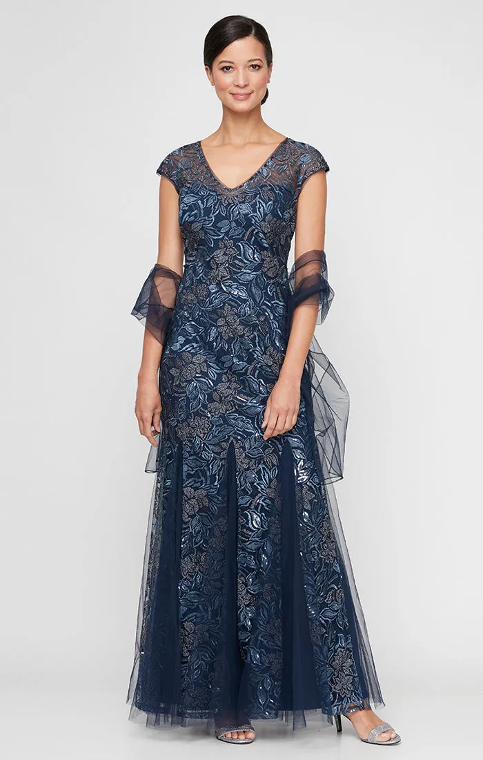 Regular - Embroidered V-Neck Dress with Godet Detail Skirt and Shawl sold by Alex Evenings